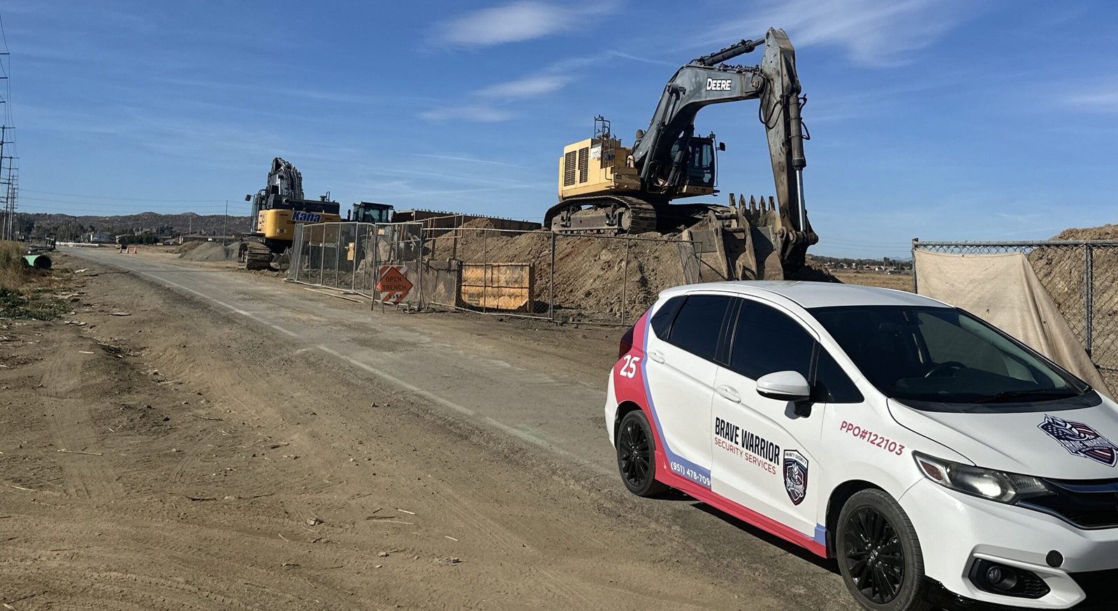 Brave Warrior Security Services patrol vehicle providing daytime construction site security in California 24/7