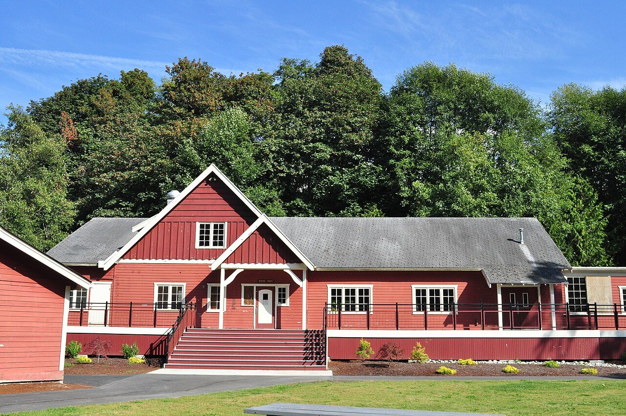Historic red Dining Hall at Des Moines Beach Park in Des Moines, Washington
