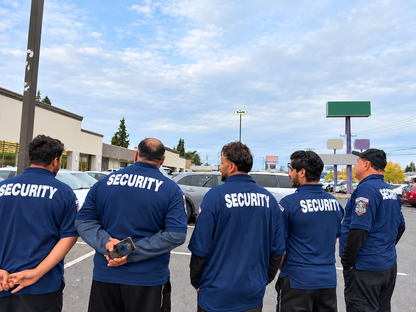 Brave Warrior security team wearing navy uniforms at a shopping plaza