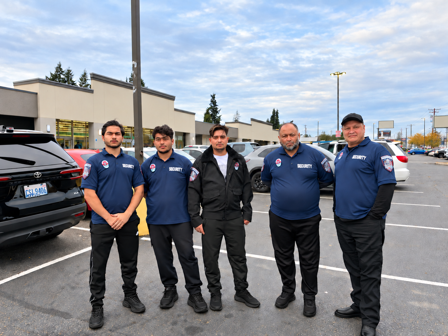 Five Brave Warrior Security Services team members at a commercial shopping plaza